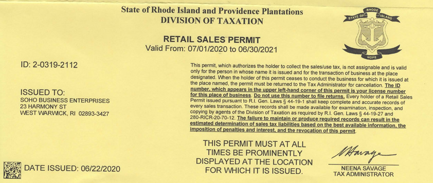 SOHOBE RI Permit to Make Sales at Retail